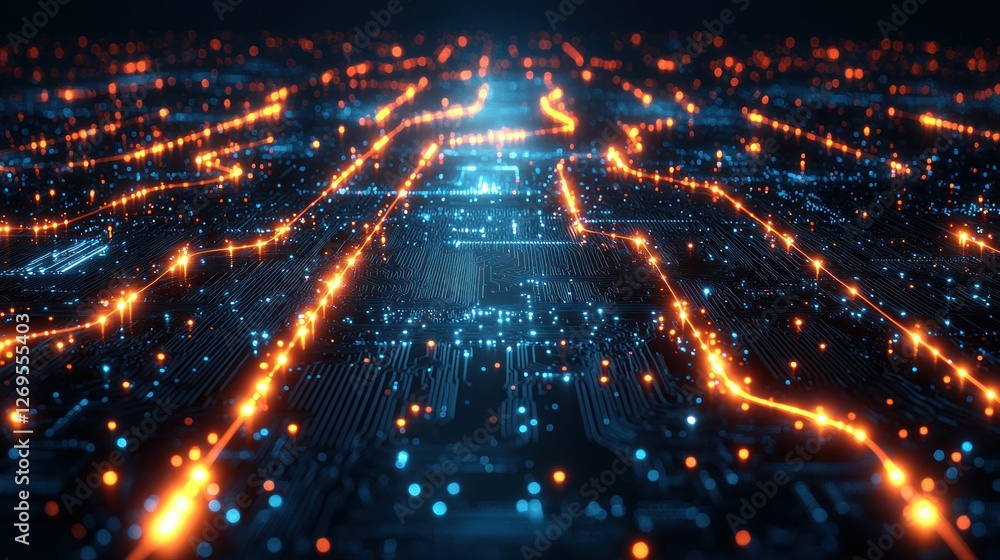 Poster glowing data streams on circuit board; digital network, technology background; website header