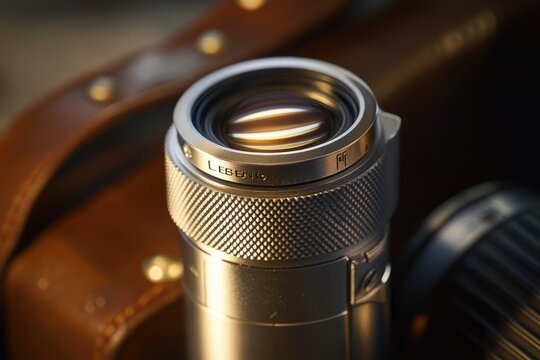 Close-up of a vintage camera lens, showcasing its metallic body and intricate details.