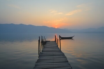 Peaceful wooden dock at sunrise over lake