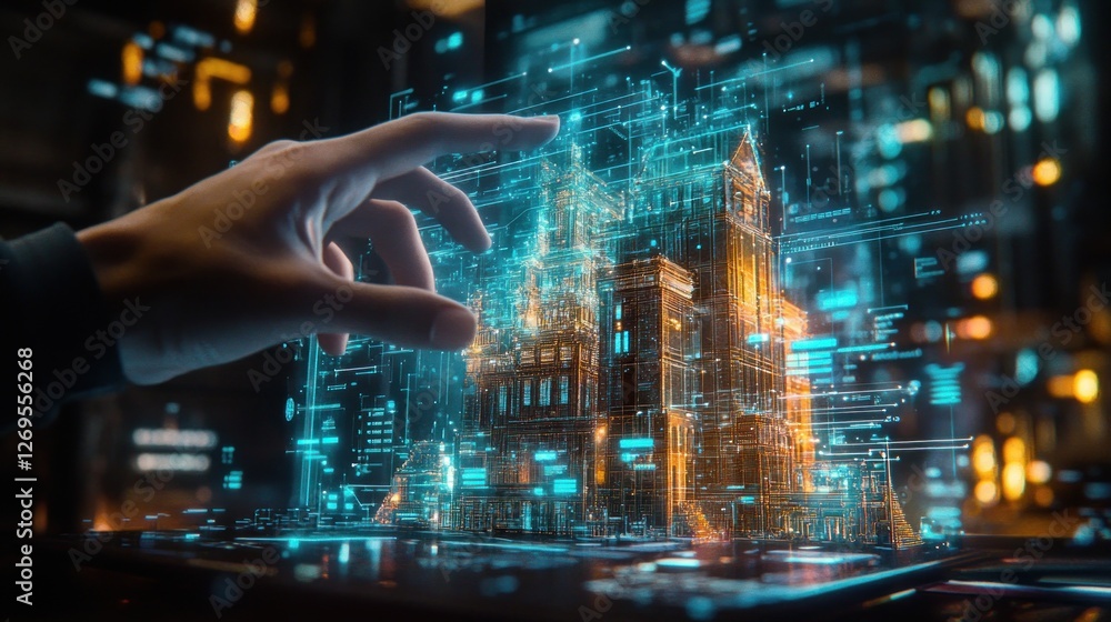 Aufkleber hand interacts with holographic architectural model displayed digitally