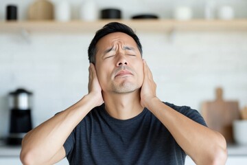 Man in kitchen covering ears, expressing frustration due to noise disturbance