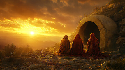 Fototapeta premium A tranquil scene of three women kneeling at the open tomb of Jesus, their hands clasped in prayer, soft light from within the tomb highlighting their faces, the dawn sky painted with warm golden hues,