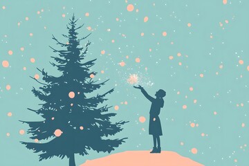 Winter's Embrace: A childlike silhouette stands before a snow-dusted Christmas tree, reaching for a twinkling spark amidst a gentle snowfall, evoking a sense of wonder and holiday magic.
