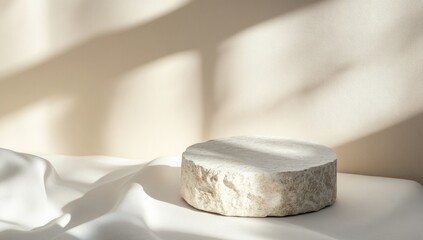 Beige stone podium on draped fabric with sun shadows