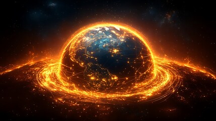Flaming Earth Globe, Network, Space, Energy, Global.