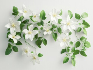 Beautiful white flowers and green leaves arranged artistically on a light background