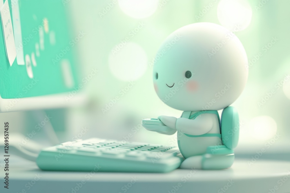 Poster adorable 3d rendered character using a mint green computer.