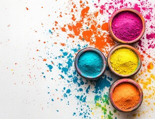 Holi banner design with gulal colors in bowls.
