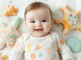 joyful baby smiles surrounded by colorful interactive learning toys, promoting engagement and development