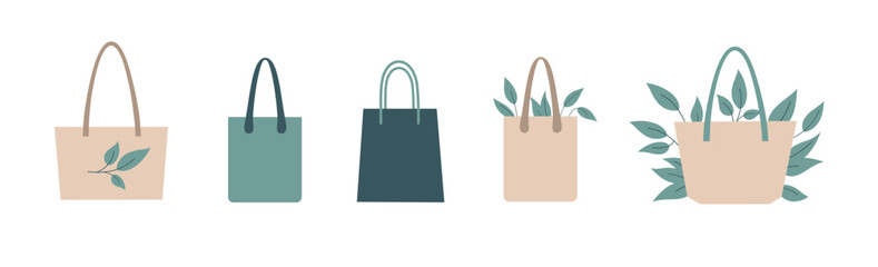 Vector flat art set features a collection of eco-friendly tote bag illustrations.