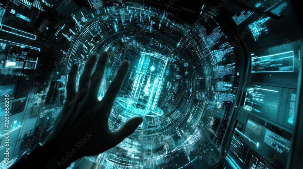 Poster human hand interacts with advanced technology interface and portal