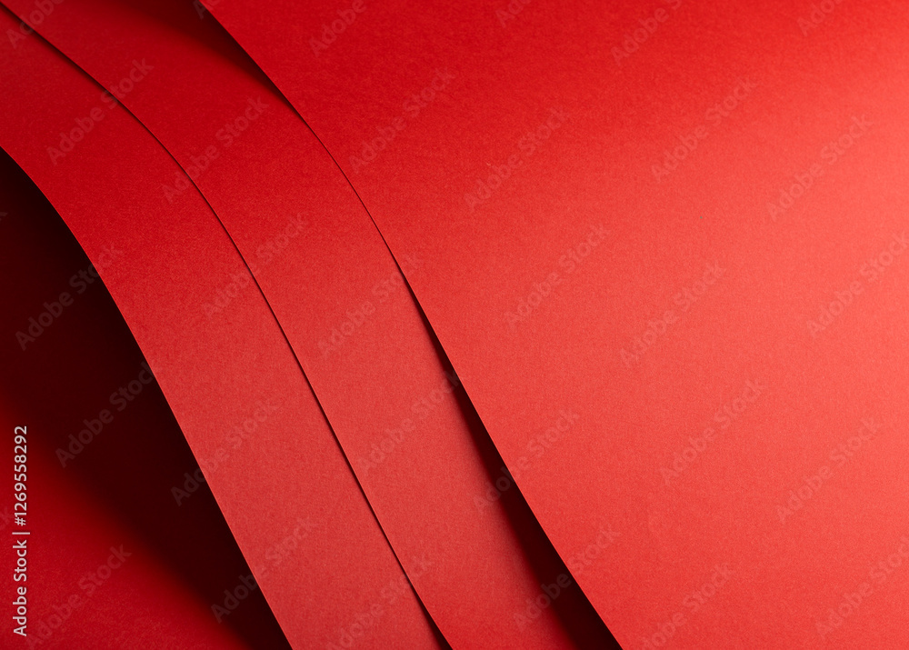 Poster Fiery vermilion red paper background with a smooth texture and overlapping curved folds. Warm coral tones and dynamic geometric lines create a bright, flowing, and minimal abstract composition with