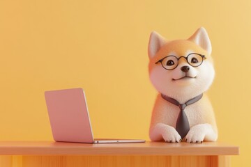 A cute Shiba Inu dog wearing glasses and a tie sits at a desk with a laptop, ready for work.