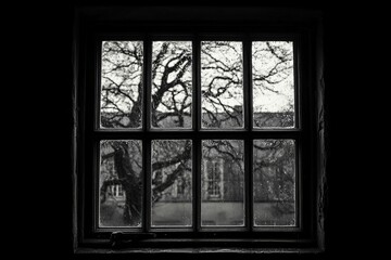 Dark window looking out on trees and buildings