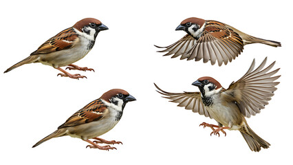 House sparrow bird in various poses including flying and perching natural wildlife transparent background,Graceful House Sparrow: Natural Wildlife Poses with Transparent Background