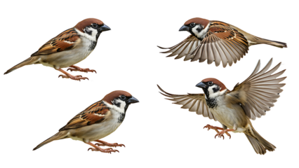 House sparrow bird in various poses including flying and perching natural wildlife transparent background,Graceful House Sparrow: Natural Wildlife Poses with Transparent Background