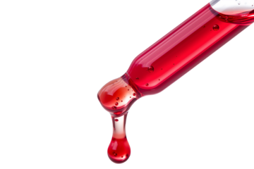 Red essential oil dripping from dropper isolated on white and transparent background, cut out png