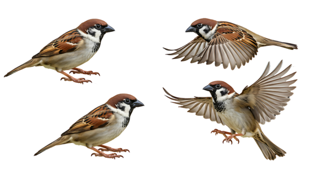 House sparrow bird in various poses including flying and perching natural wildlife transparent background,Graceful House Sparrow: Natural Wildlife Poses with Transparent Background