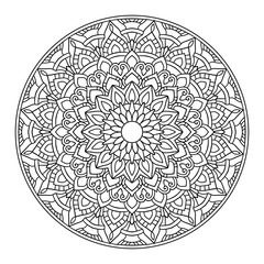 Hand drawn floral mandala. round shape drawing of botanical, natural theme. coloring book page, decoration, tattoo, wallpaper, sticker.