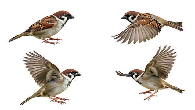 House sparrow bird in various poses including flying and perching natural wildlife transparent background,Natural Elegance: House Sparrow in Motion and Stillness (Transparent PNG)