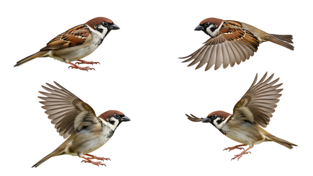 House sparrow bird in various poses including flying and perching natural wildlife transparent background,Natural Elegance: House Sparrow in Motion and Stillness (Transparent PNG)