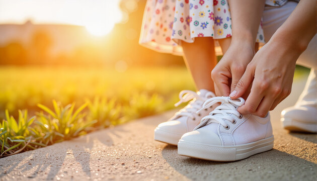 Person tying shoelaces in sunlight on grassy path for blogs, websites, lifestyle articles, fashion content, fitness inspiration, and educational materials on outdoor activities