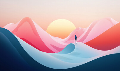 A solitary figure stands amidst colorful abstract hills as the sun sets in a serene landscape.
