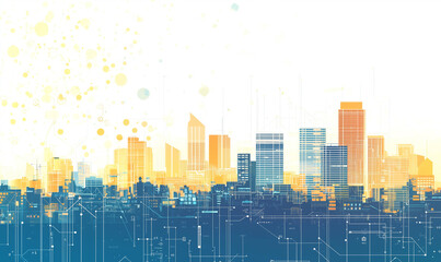 Fototapeta premium Abstract skyline illustration with gradient colors, featuring tall buildings and a digital effect.