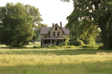 Obraz premium Charming farmhouse nestled in peaceful open fields with clear skies, perfect for rural lifestyle themes and nature-inspired imagery