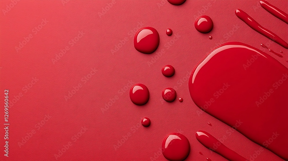 Poster a vibrant red surface with glossy droplets and streaks, creating an eye-catching visual of texture a