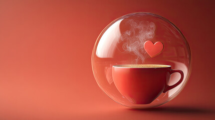 Cozy red cup of coffee in bubble with heart shaped steam