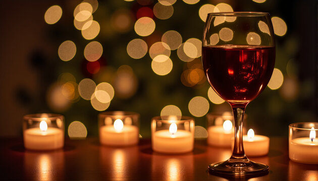 Wine glass with candles on a table, creating a cozy atmosphere, ideal for holiday decor, festive gatherings, blogs, websites, greeting cards, and invitations