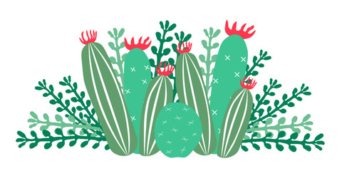 Beautiful botanical illustration with cacti and succulents. Green and red colors are used. Composition of plants isolated on  white background. Perfect for business cards, invitations, postcards.