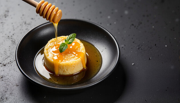 Flan dessert drizzled with honey on a black plate for food blogs, websites, culinary art, dessert menus, cooking tutorials, and gourmet presentations