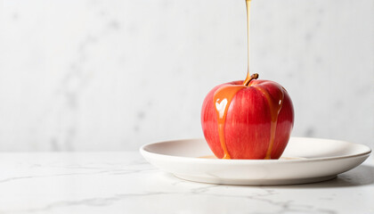 Dripping caramel sauce over a red apple on a white plate for food blogs, websites, culinary presentations, recipe books, dessert-themed greeting cards, and digital marketing materials