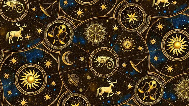 Seamless pattern with golden zodiac signs on dark blue background simulating night sky with stars. Looping Background. Vintage style, suitable for astrological, esoteric or mystical designs.