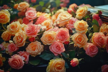 Pink and Yellow Roses in Vase