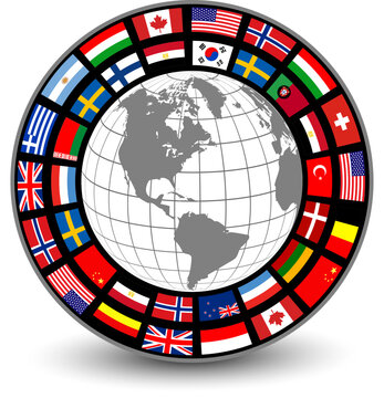 Business icon with earth globe and international flags around, ring with flags button, business concept symbol.