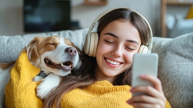 Happy woman listening to music with dog and smartphone on sofa