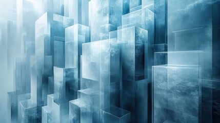 Geometric abstraction featuring layered transparent rectangles resembling a cascading waterfall in blue and silver tones