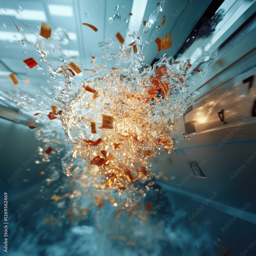 Poster dynamic water explosion indoor laboratory photographic art high-tech environment close-up view scien