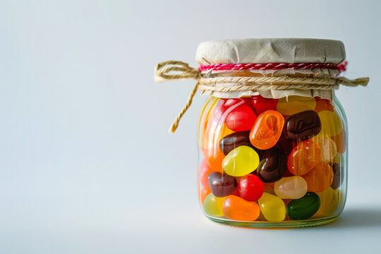 Jar of jelly beans is sitting on a white background