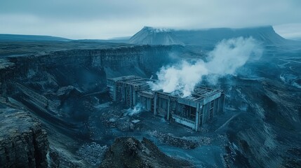 Massive Mechanical Factory Rising from Rocky Landscape in Dramatic Gloom