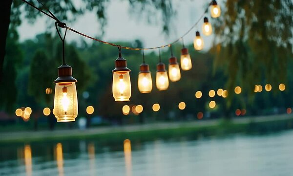 Outdoor string lights illuminate lakeside evening