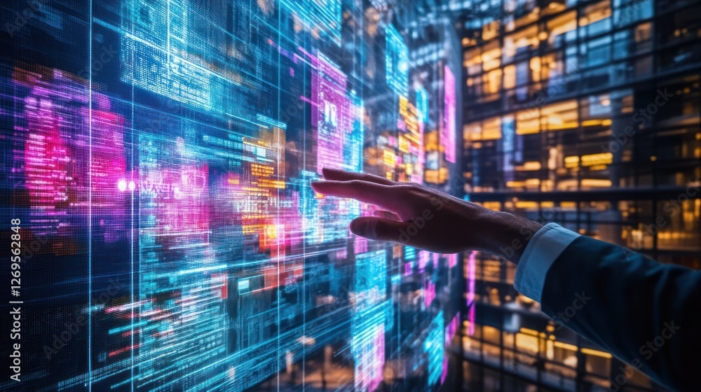 Poster Hand interacts with futuristic digital interface showing code and data