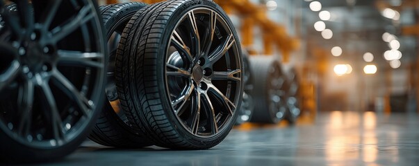 Black tires stacked in a modern warehouse setting.