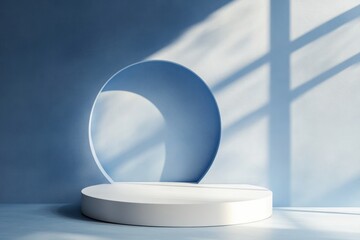 Light-filled,  blue-toned studio,  empty white podium,  circular cut-out