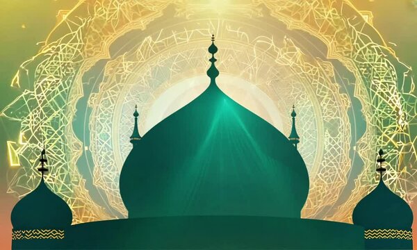 A peaceful and spiritual Ramadan Kareem Background with Mosque silhouette in harmonious color palette of green and gold. Moslem holy month scene.