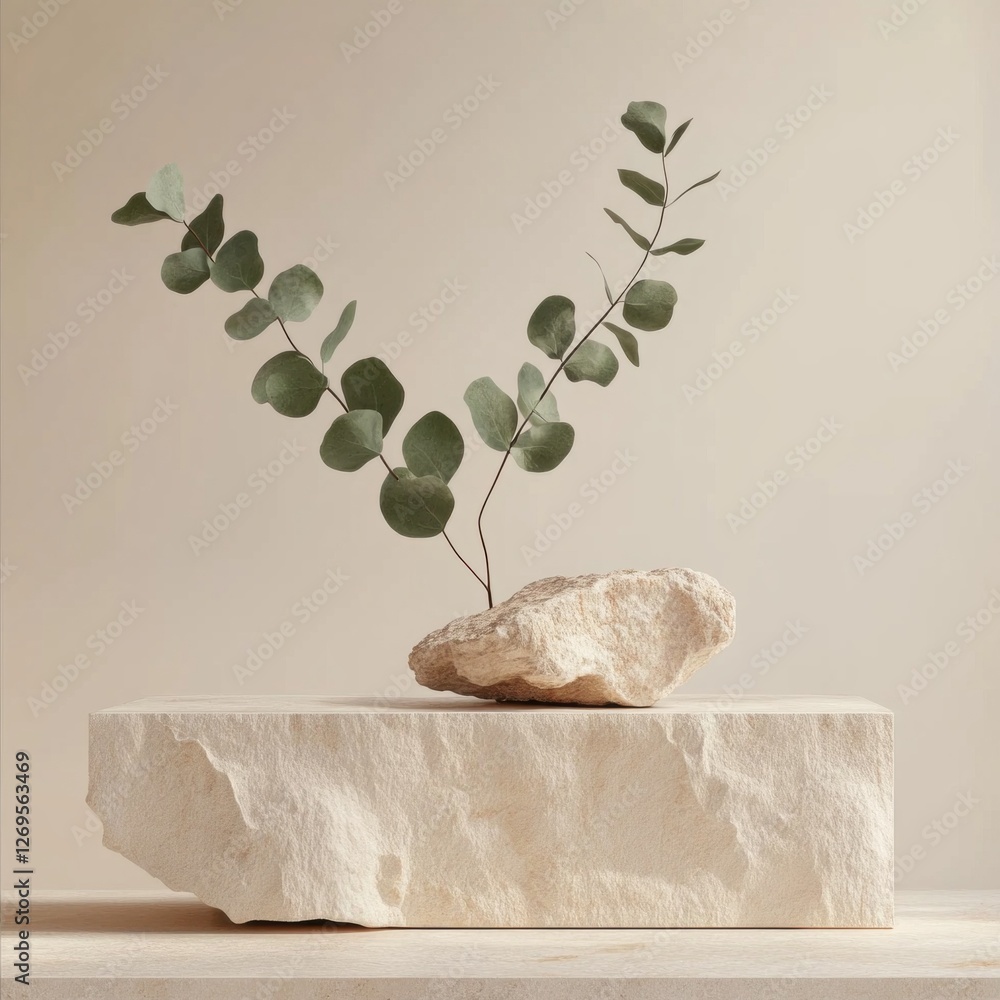 Poster a serene presentation featuring a smooth light stone slab holding a cluster of eucalyptus leaves. th