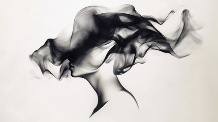 A surreal portrait of a faceless figure with a flowing black veil resembling thoughts, memories, or emotions. A representation of identity, mystery, and inner turmoil. Generative AI.